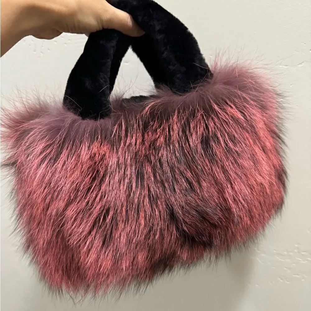 Maroon Handmade Dyed Real Fox Fur Bag With Fur Handle Includes 2 Strap Styles